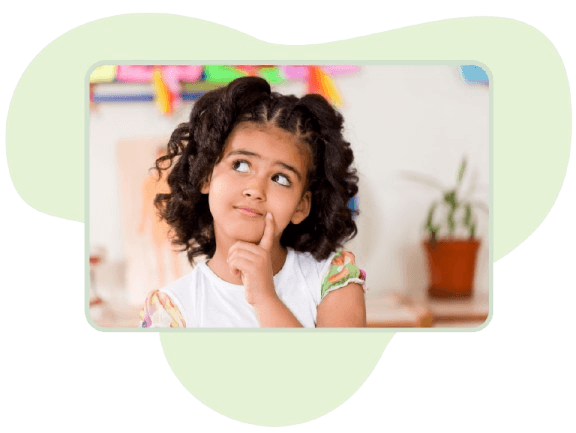 Girl in a thinking pose on a rounded photo over a soft mint organic shape.