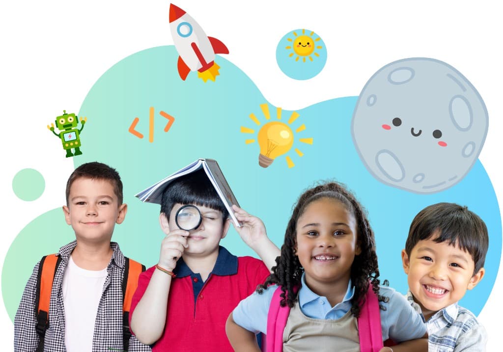 Banner of four diverse children with playful icons: a robot, code brackets, rocket, light bulb, sun, and moon.
