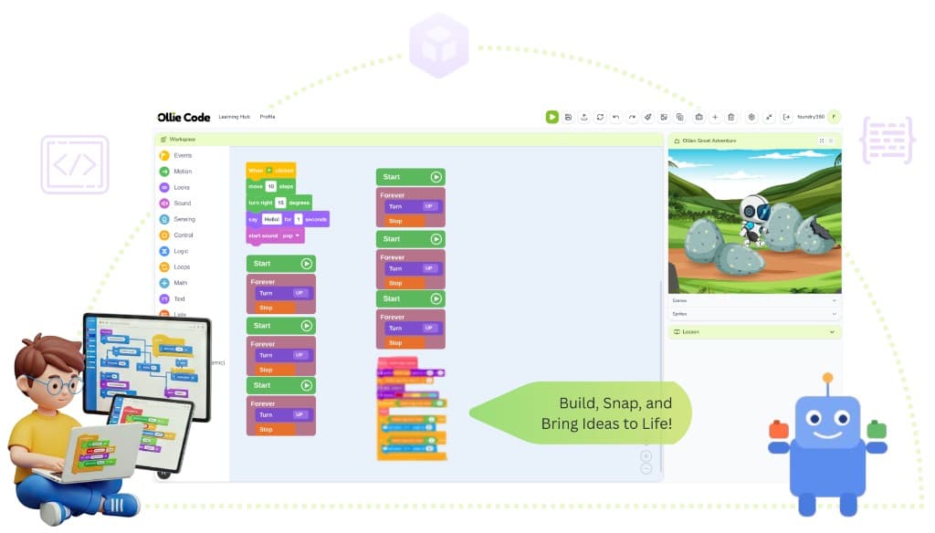 Ollie Code workspace with block-based scripts, lesson preview, and friendly characters showing build-and-run learning across devices.