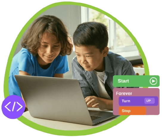 Two children collaborating at a laptop with playful coding graphics: a code symbol and colorful programming blocks including Start and Forever.